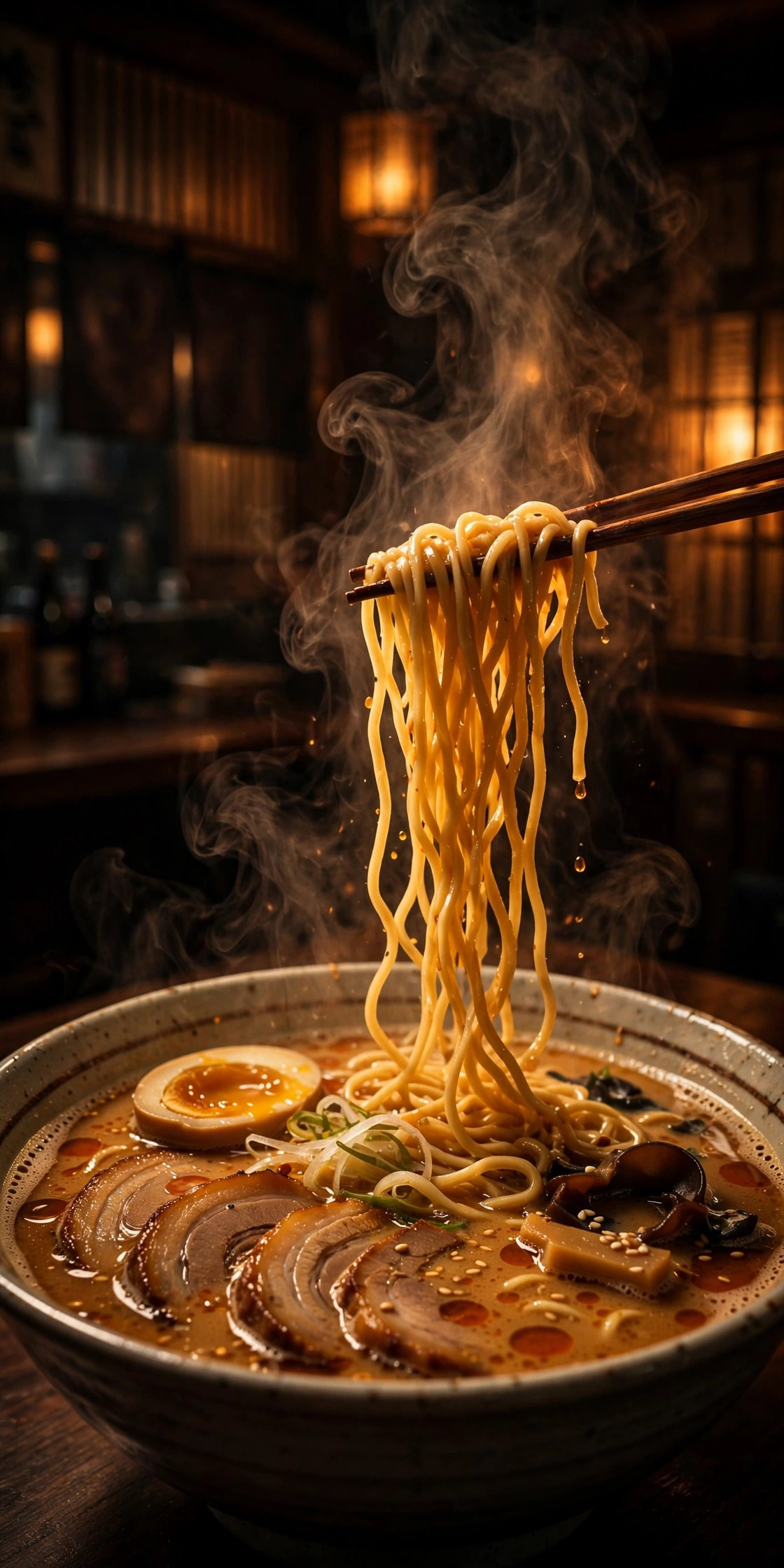 Steaming bowl of ramen lifted by chopsticks in moody lantern light